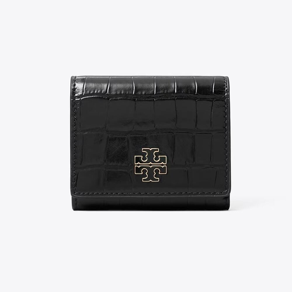 New‼️Tory Burch Britten Embossed Compact Wallet 182579 Black $230